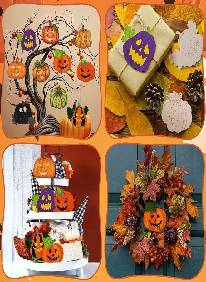 DoubleFill مجموعة دبل فيل لصنع زينة اليقطين للهالوين، 30 قطعة، زينة خشبية غير مكتملة على شكل يقطين مع فرش طلاء، 10 شرائح خشبية بتصاميم هالوين مميزة، مثالية للأنشطة الفنية والحرف اليدوية ولوازم الحفلات. - Image 5